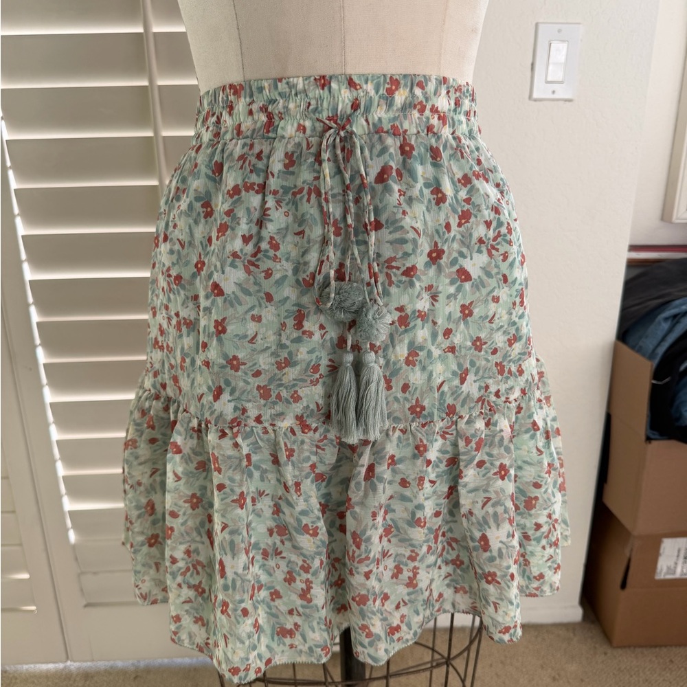 Floral Tiered Tassel Skirt in Mint Green and Rust